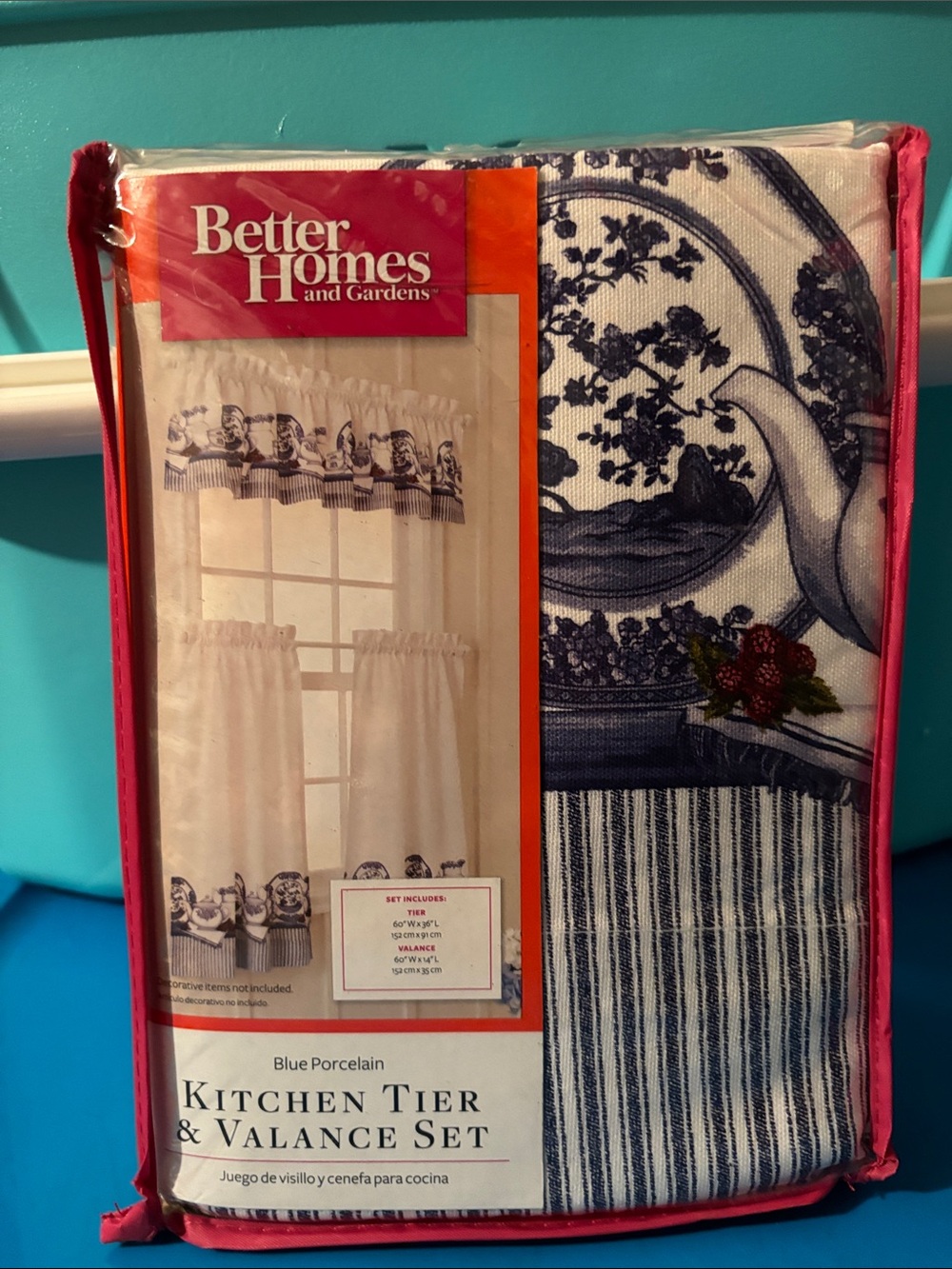 Better Homes And Gardens Blue and White Porcelain Kitchen Curtain Set